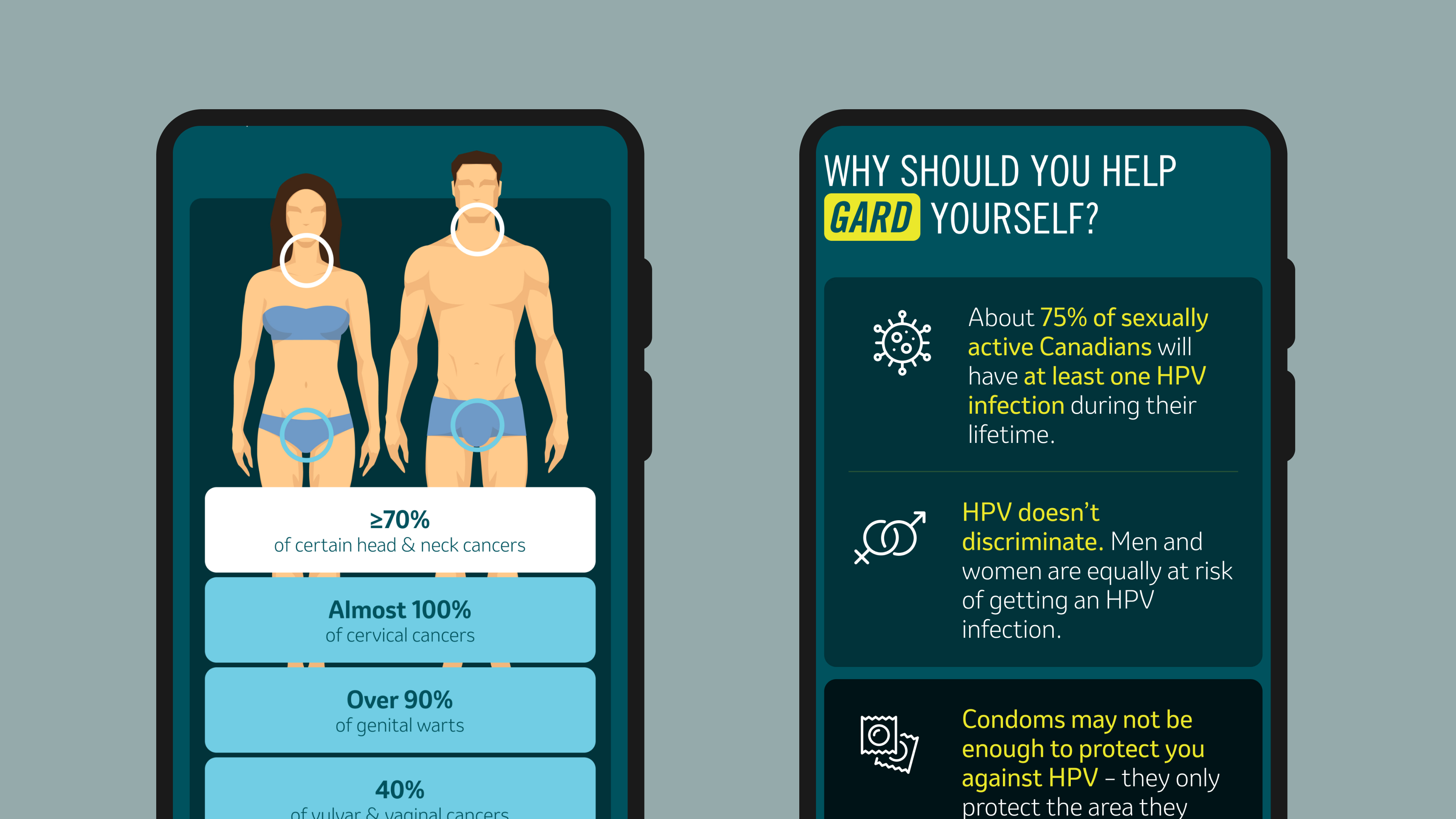 Two mobile devices showing an illustration of the areas most affected by HPV with related statistics (left) and a section with facts to raise public awareness (right)